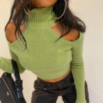 black turtleneck top, cutout turtleneck, cut out top, green top, party top, unique top, high neck turtleneck black casual top cold shoulder top cold shoulder turtleneck, long sleeve tops, mesh cutout top,