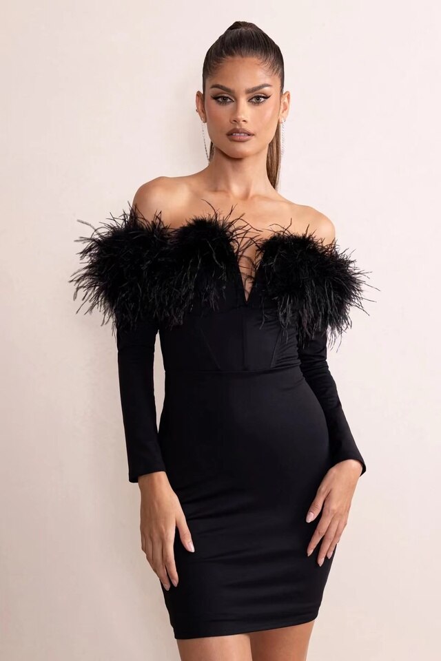 Feather off clearance shoulder dress